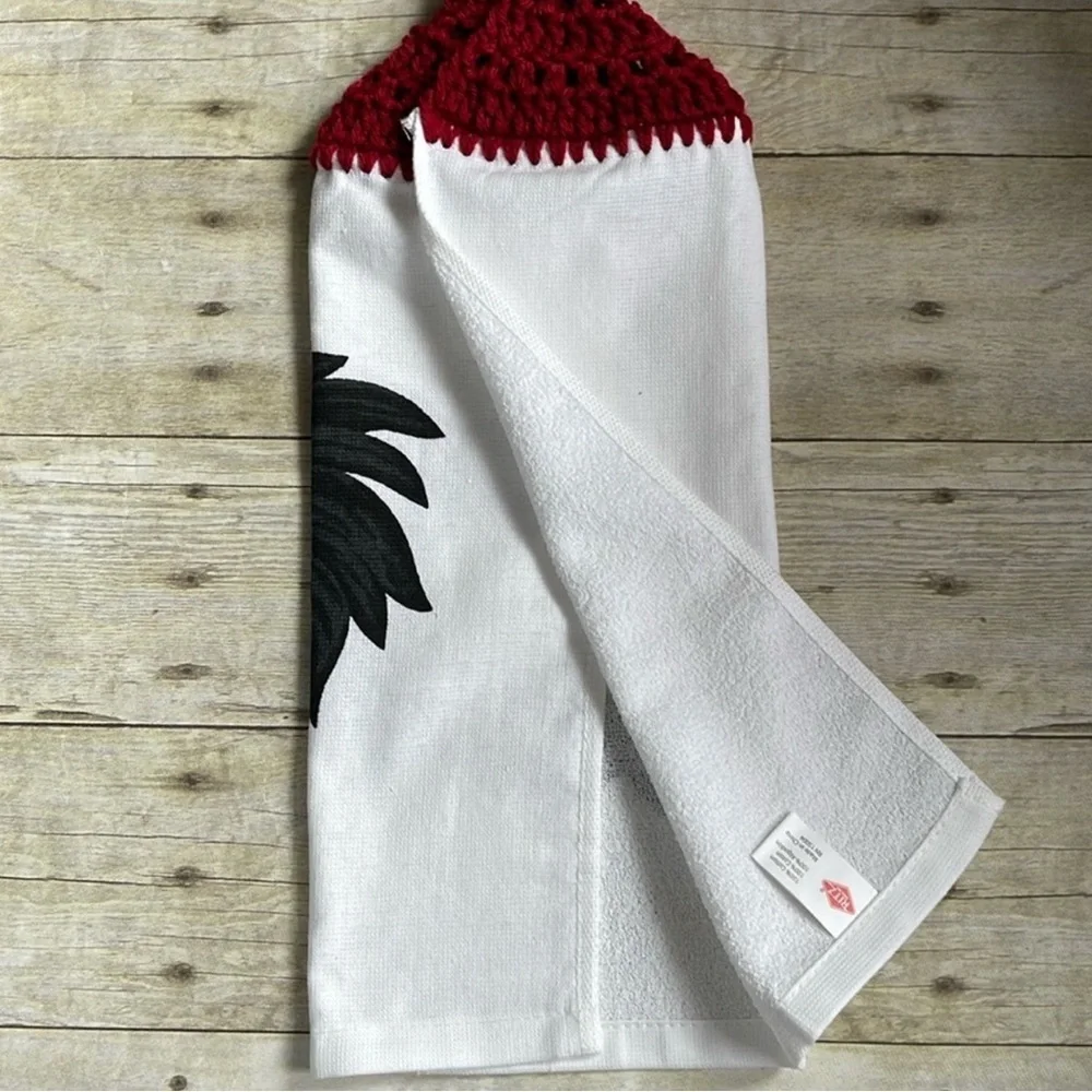 Crochet Top Single Thickness Hanging Towel Rooster & Flowers Handmade w Love